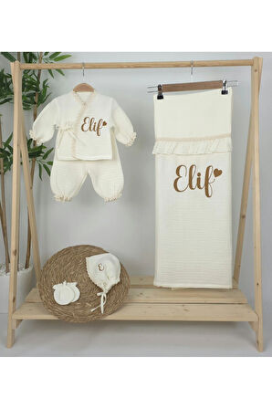 Müslin Yeni Doğan 4Katlı Organik %100Pamuk Kişiye Özgü Nakışlı Hastane Çıkış Seti (Kalpli Model-8)