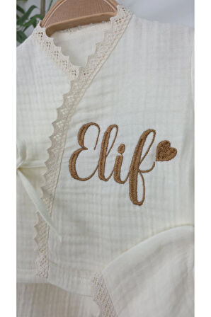 Müslin Yeni Doğan 4Katlı Organik %100Pamuk Kişiye Özgü Nakışlı Hastane Çıkış Seti (Kalpli Model-8)