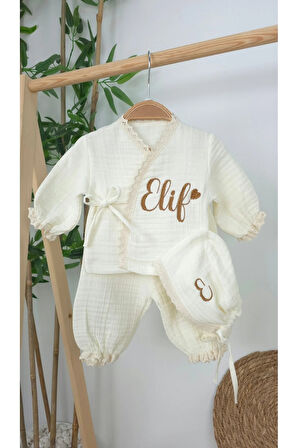 Müslin Yeni Doğan 4Katlı Organik %100Pamuk Kişiye Özgü Nakışlı Hastane Çıkış Seti (Kalpli Model-8)