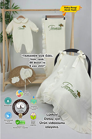 Müslin Yeni Doğan 4Katlı Organik %100Pamuk Kişiye Özgü Nakışlı Hastane Çıkış Seti (Kablunbağa Model)