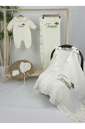 Müslin Yeni Doğan 4Katlı Organik %100Pamuk Kişiye Özgü Nakışlı Hastane Çıkış Seti (Kablunbağa Model)