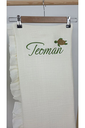 Müslin Yeni Doğan 4Katlı Organik %100Pamuk Kişiye Özgü Nakışlı Hastane Çıkış Seti (Kablunbağa Model)