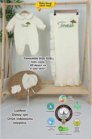 Müslin Yeni Doğan 4Katlı Organik %100Pamuk Kişiye Özgü Nakışlı Hastane Çıkış Seti (Kablunbağa Model)
