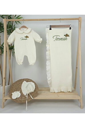 Müslin Yeni Doğan 4Katlı Organik %100Pamuk Kişiye Özgü Nakışlı Hastane Çıkış Seti (Kablunbağa Model)