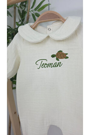 Müslin Yeni Doğan 4Katlı Organik %100Pamuk Kişiye Özgü Nakışlı Hastane Çıkış Seti (Kablunbağa Model)