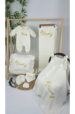 Müslin Yeni Doğan 4Katlı Organik %100Pamuk Kişiye Özgü Nakışlı Hastane Çıkış Seti-Başak Model