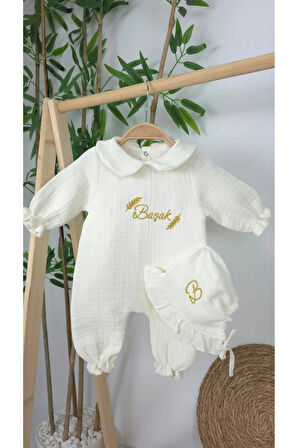 Müslin Yeni Doğan 4Katlı Organik %100Pamuk Kişiye Özgü Nakışlı Hastane Çıkış Seti-Başak Model