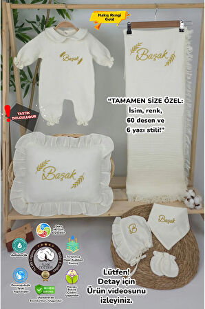 Müslin Yeni Doğan 4Katlı Organik %100Pamuk Kişiye Özgü Nakışlı Hastane Çıkış Seti-Başak Model