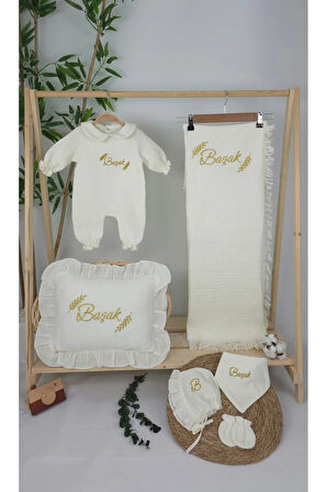 Müslin Yeni Doğan 4Katlı Organik %100Pamuk Kişiye Özgü Nakışlı Hastane Çıkış Seti-Başak Model