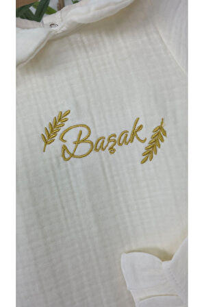 Müslin Yeni Doğan 4Katlı Organik %100Pamuk Kişiye Özgü Nakışlı Hastane Çıkış Seti-Başak Model