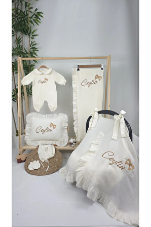 Müslin Yeni Doğan 4Katlı Organik %100Pamuk Kişiye Özgü Nakışlı Hastane Çıkış Seti-Kurdele Model