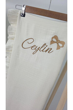 Müslin Yeni Doğan 4Katlı Organik %100Pamuk Kişiye Özgü Nakışlı Hastane Çıkış Seti-Kurdele Model