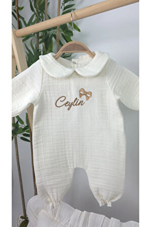 Müslin Yeni Doğan 4Katlı Organik %100Pamuk Kişiye Özgü Nakışlı Hastane Çıkış Seti-Kurdele Model