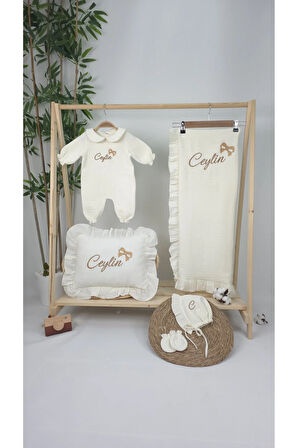 Müslin Yeni Doğan 4Katlı Organik %100Pamuk Kişiye Özgü Nakışlı Hastane Çıkış Seti-Kurdele Model