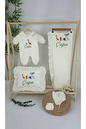 Müslin Yeni Doğan 4Katlı Organik %100Pamuk Kişiye Özgü Nakışlı Hastane Çıkış Seti-Safari Model-2