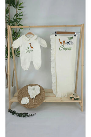 Müslin Yeni Doğan 4Katlı Organik %100Pamuk Kişiye Özgü Nakışlı Hastane Çıkış Seti-Safari Model-2