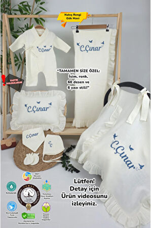 Müslin Yeni Doğan 4Katlı Organik %100Pamuk Kişiye Özgü Nakışlı Hastane Çıkış Seti-3'Lü Kuş Model