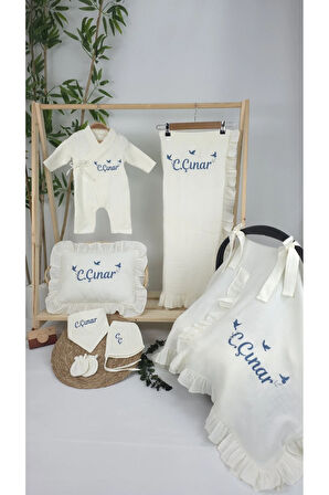 Müslin Yeni Doğan 4Katlı Organik %100Pamuk Kişiye Özgü Nakışlı Hastane Çıkış Seti-3'Lü Kuş Model
