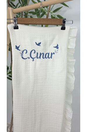 Müslin Yeni Doğan 4Katlı Organik %100Pamuk Kişiye Özgü Nakışlı Hastane Çıkış Seti-3'Lü Kuş Model