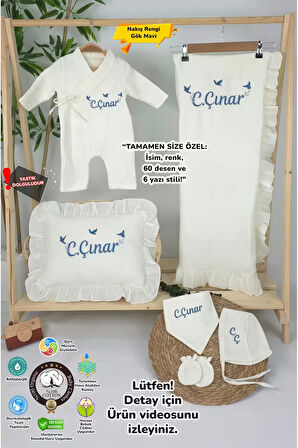 Müslin Yeni Doğan 4Katlı Organik %100Pamuk Kişiye Özgü Nakışlı Hastane Çıkış Seti-3'Lü Kuş Model