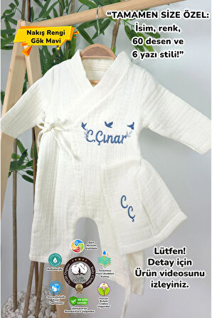 Müslin Yeni Doğan 4Katlı Organik %100Pamuk Kişiye Özgü Nakışlı Hastane Çıkış Seti-3'Lü Kuş Model