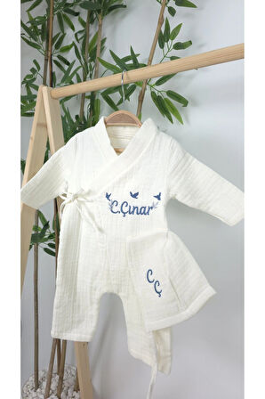 Müslin Yeni Doğan 4Katlı Organik %100Pamuk Kişiye Özgü Nakışlı Hastane Çıkış Seti-3'Lü Kuş Model