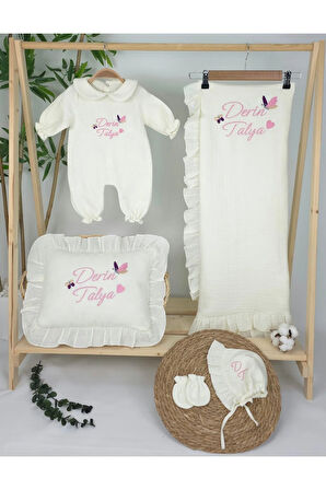 Müslin Yeni Doğan 4Katlı Organik %100Pamuk Kişiye Özgü Nakışlı Hastane Çıkış Seti-İkili Kelebek
