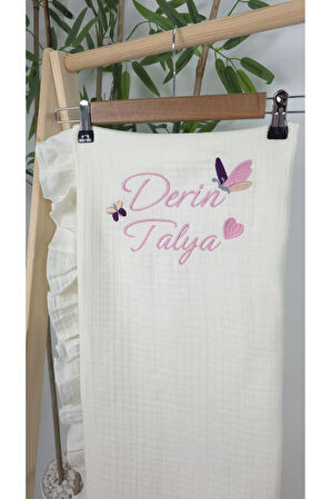 Müslin Yeni Doğan 4Katlı Organik %100Pamuk Kişiye Özgü Nakışlı Hastane Çıkış Seti-İkili Kelebek