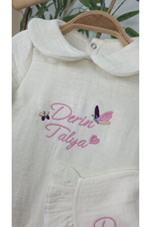 Müslin Yeni Doğan 4Katlı Organik %100Pamuk Kişiye Özgü Nakışlı Hastane Çıkış Seti-İkili Kelebek