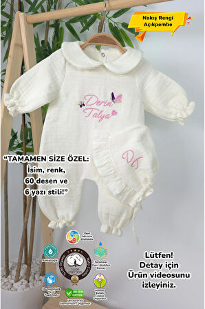 Müslin Yeni Doğan 4Katlı Organik %100Pamuk Kişiye Özgü Nakışlı Hastane Çıkış Seti-İkili Kelebek