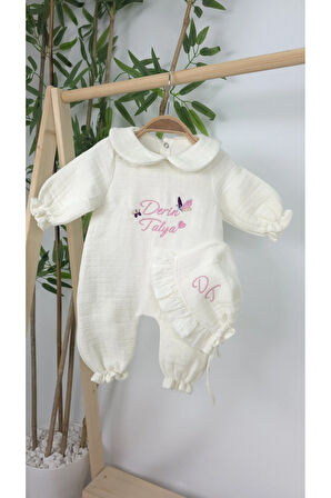 Müslin Yeni Doğan 4Katlı Organik %100Pamuk Kişiye Özgü Nakışlı Hastane Çıkış Seti-İkili Kelebek