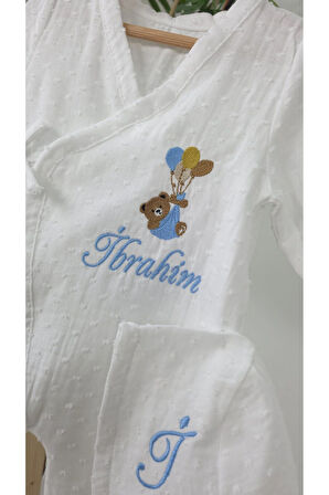 Müslin Yeni Doğan 4Katlı Organik %100Pamuk Kişiye Özgü Nakışlı Hastane Çıkış Seti-Ayıcık Model