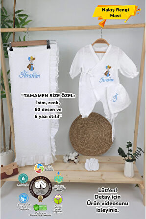 Müslin Yeni Doğan 4Katlı Organik %100Pamuk Kişiye Özgü Nakışlı Hastane Çıkış Seti-Ayıcık Model