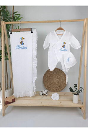 Müslin Yeni Doğan 4Katlı Organik %100Pamuk Kişiye Özgü Nakışlı Hastane Çıkış Seti-Ayıcık Model