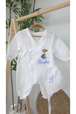 Müslin Yeni Doğan 4Katlı Organik %100Pamuk Kişiye Özgü Nakışlı Hastane Çıkış Seti-Ayıcık Model