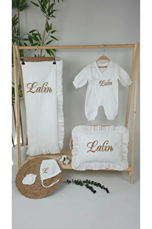 Müslin Yeni Doğan 4Katlı Organik %100Pamuk Kişiye Özgü Nakışlı Hastane Çıkış Seti-Papatya Model1