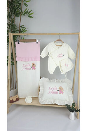 Müslin Yeni Doğan 4Katlı Organik %100Pamuk Kişiye Özgü Nakışlı Hastane Çıkış Seti-Tavşan Model-1