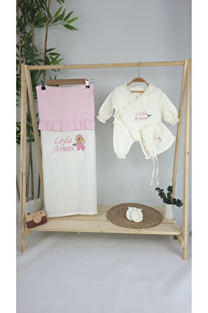 Müslin Yeni Doğan 4Katlı Organik %100Pamuk Kişiye Özgü Nakışlı Hastane Çıkış Seti-Tavşan Model-1