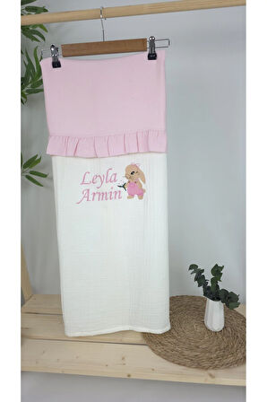 Müslin Yeni Doğan 4Katlı Organik %100Pamuk Kişiye Özgü Nakışlı Hastane Çıkış Seti-Tavşan Model-1