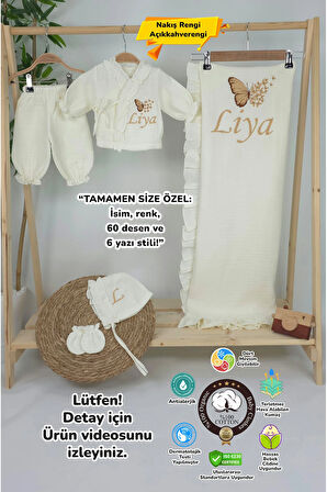 Müslin Yeni Doğan 4Katlı Organik %100Pamuk Kişiye Özgü Nakışlı Hastane Çıkış Seti-Çoklu Kelebek-2