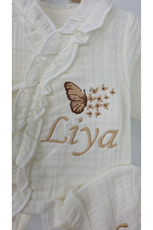 Müslin Yeni Doğan 4Katlı Organik %100Pamuk Kişiye Özgü Nakışlı Hastane Çıkış Seti-Çoklu Kelebek-2