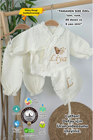 Müslin Yeni Doğan 4Katlı Organik %100Pamuk Kişiye Özgü Nakışlı Hastane Çıkış Seti-Çoklu Kelebek-2