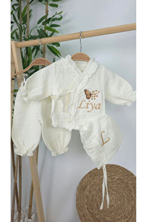 Müslin Yeni Doğan 4Katlı Organik %100Pamuk Kişiye Özgü Nakışlı Hastane Çıkış Seti-Çoklu Kelebek-2