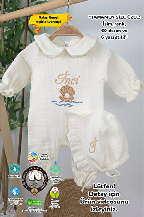 Müslin Yeni Doğan 4Katlı Organik %100Pamuk Kişiye Özgü Nakışlı Hastane Çıkış Seti-İnci Model