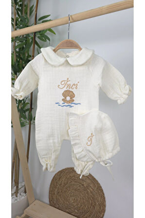 Müslin Yeni Doğan 4Katlı Organik %100Pamuk Kişiye Özgü Nakışlı Hastane Çıkış Seti-İnci Model