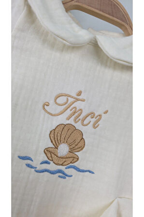 Müslin Yeni Doğan 4Katlı Organik %100Pamuk Kişiye Özgü Nakışlı Hastane Çıkış Seti-İnci Model