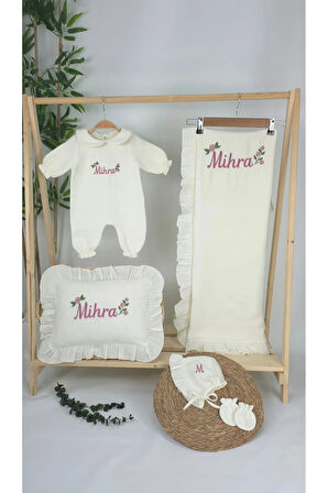 Müslin Yeni Doğan 4Katlı Organik %100Pamuk Kişiye Özgü Nakışlı Hastane Çıkış Seti- Güllü Model-1