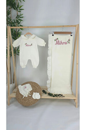 Müslin Yeni Doğan 4Katlı Organik %100Pamuk Kişiye Özgü Nakışlı Hastane Çıkış Seti- Güllü Model-1