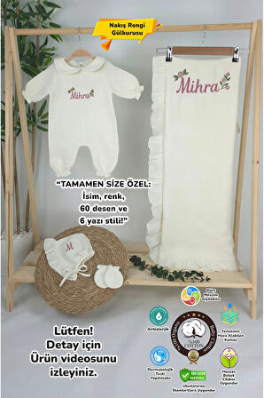 Müslin Yeni Doğan 4Katlı Organik %100Pamuk Kişiye Özgü Nakışlı Hastane Çıkış Seti- Güllü Model-1