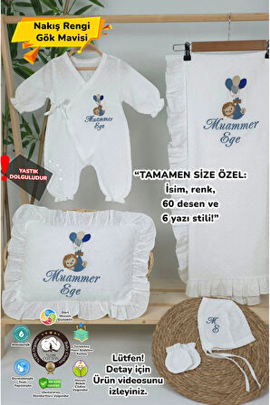 Müslin Yeni Doğan 4Katlı Organik %100Pamuk Kişiye Özgü Nakışlı Hastane Çıkış Seti (Balonlu Aslan)